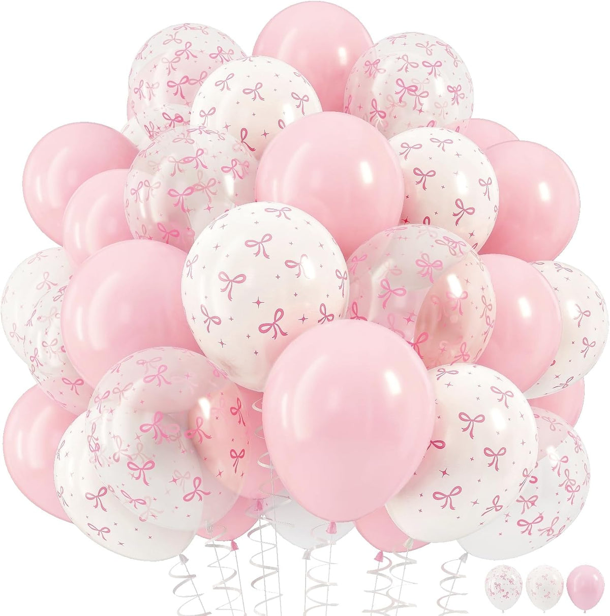 Pink Bow Balloons, 12 Inch Pastel Light Pink Transparent White Bow Print Coquette Balloon for Girls
