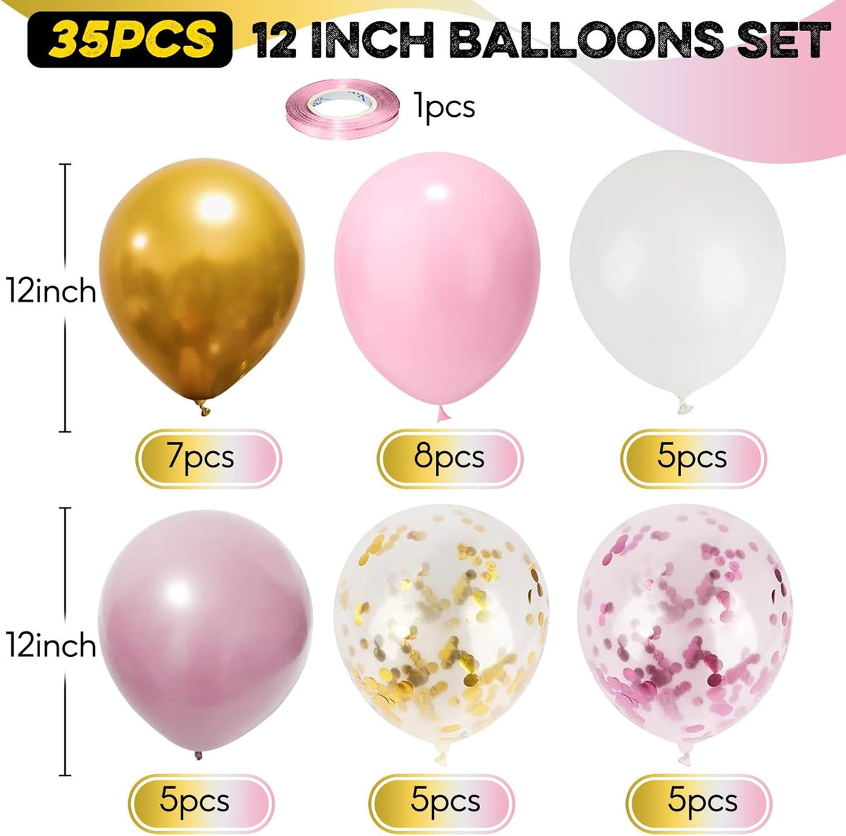 Pink Gold Balloons Set, 12 Inch Pink White Latex Balloons Pink Confetti Helium Balloons Pink and