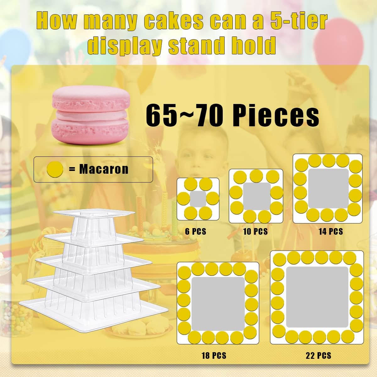 5 Tiers Square Macaron Tower Stand, Plastic Transparent Cake Stand Macaroon Display Rack Desserts