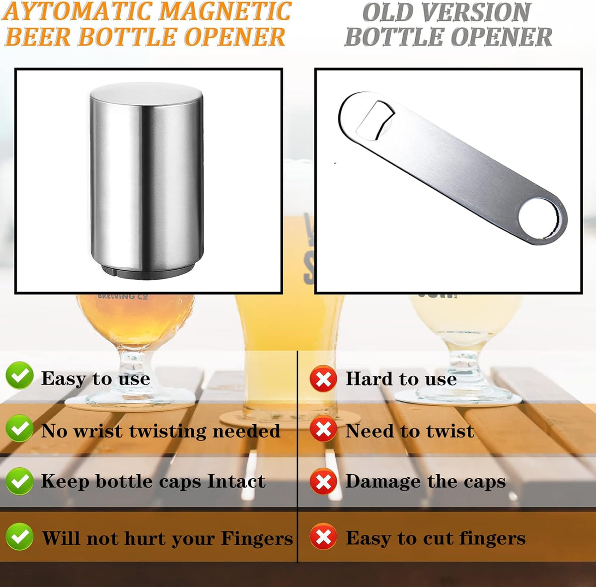 Premium Automatic Beer Bottle Opener (Stainless Steel), No Damage to Caps, Portable Push Down and