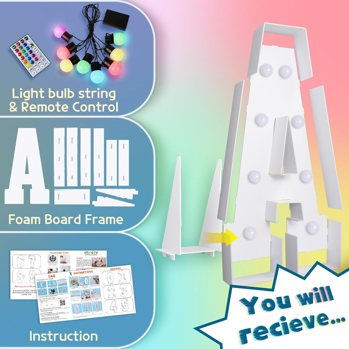 imprsv 3FT Colorful Marquee Light Up Letters A, 18 Colors Light Up Letters Alphabet Sign with