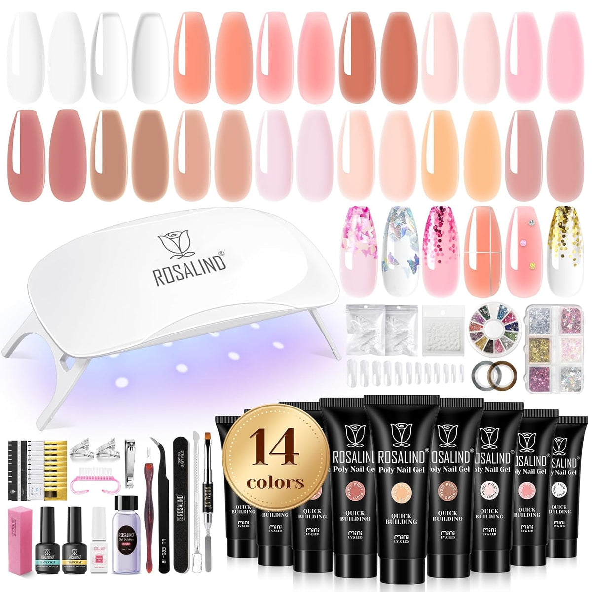 ROSALIND Poly Nail Gel Kit -14 Colors +72 Nail Art Accessories kit Nude Pink Poly Nails Gel Kit