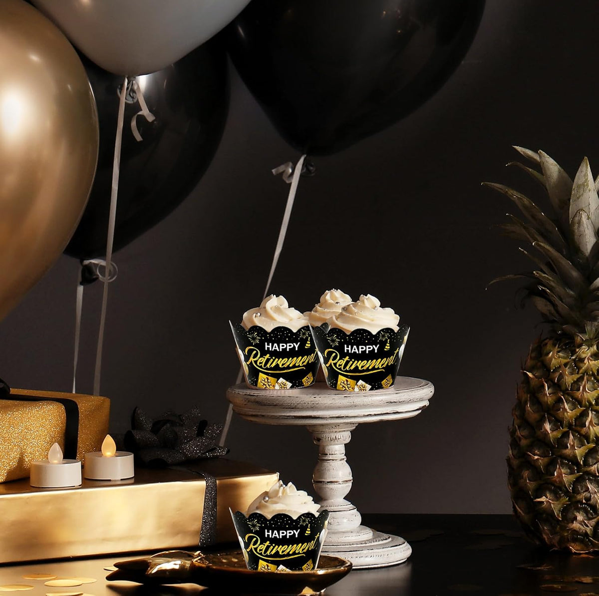 Whaline 36Pcs Happy Retirement Cupcake Wrappers Black Gold Retirement Cupcake Liners Decorative