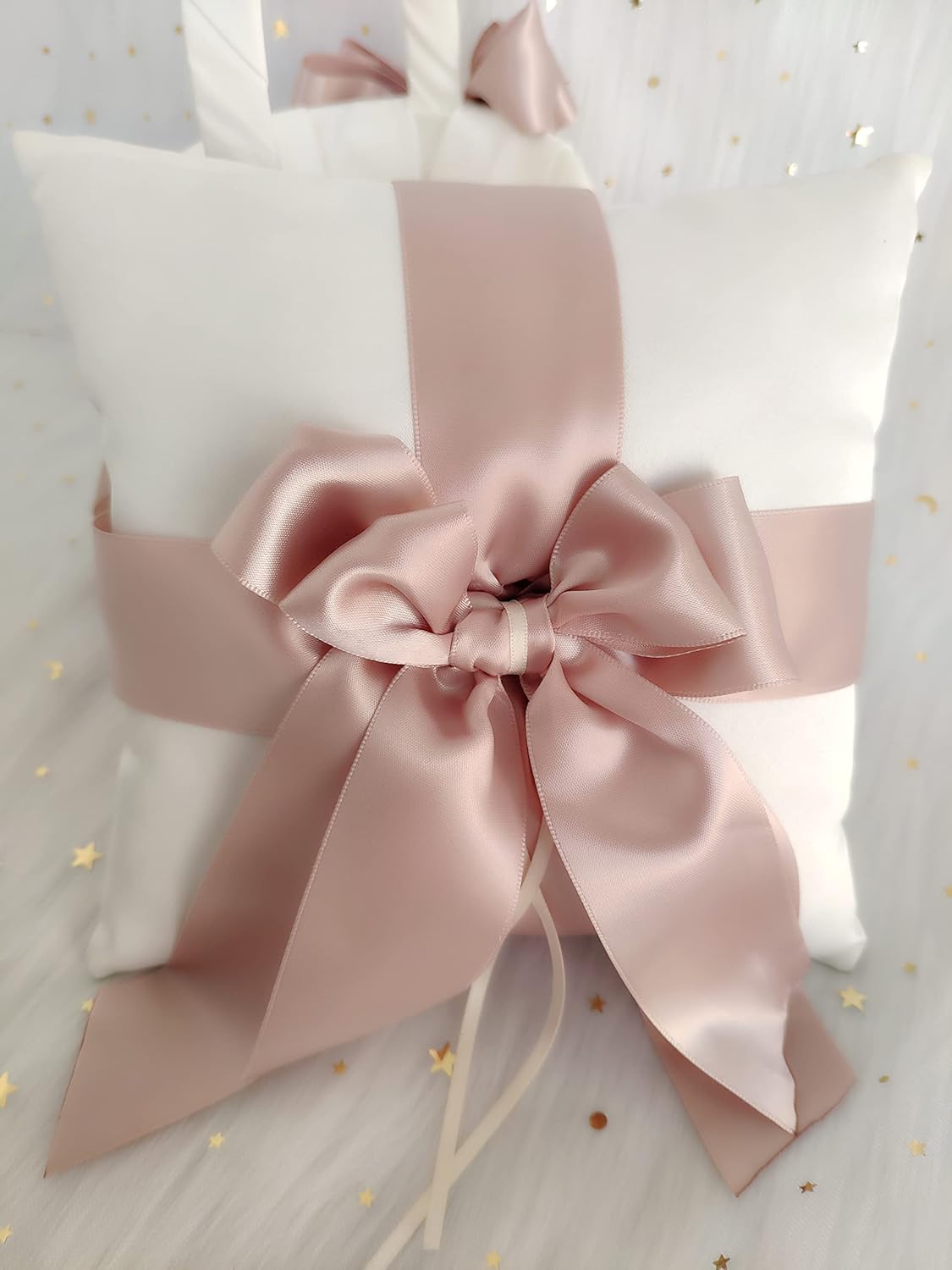 White Ring Bearer Pillow with Double Ribbon Bow Décor for Wedding Ceremony Vow Renewal Baby Shower