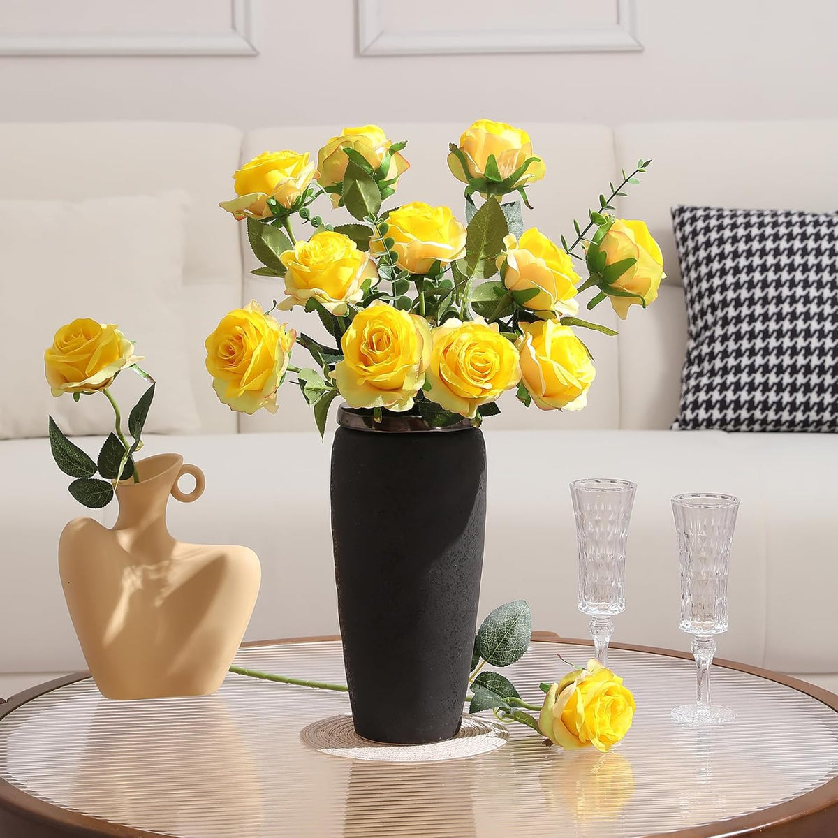 Tifuly Yellow Roses Artificial Flowers -12 pcs Realistic Single Long Stem Fake Silk Roses Bouquet