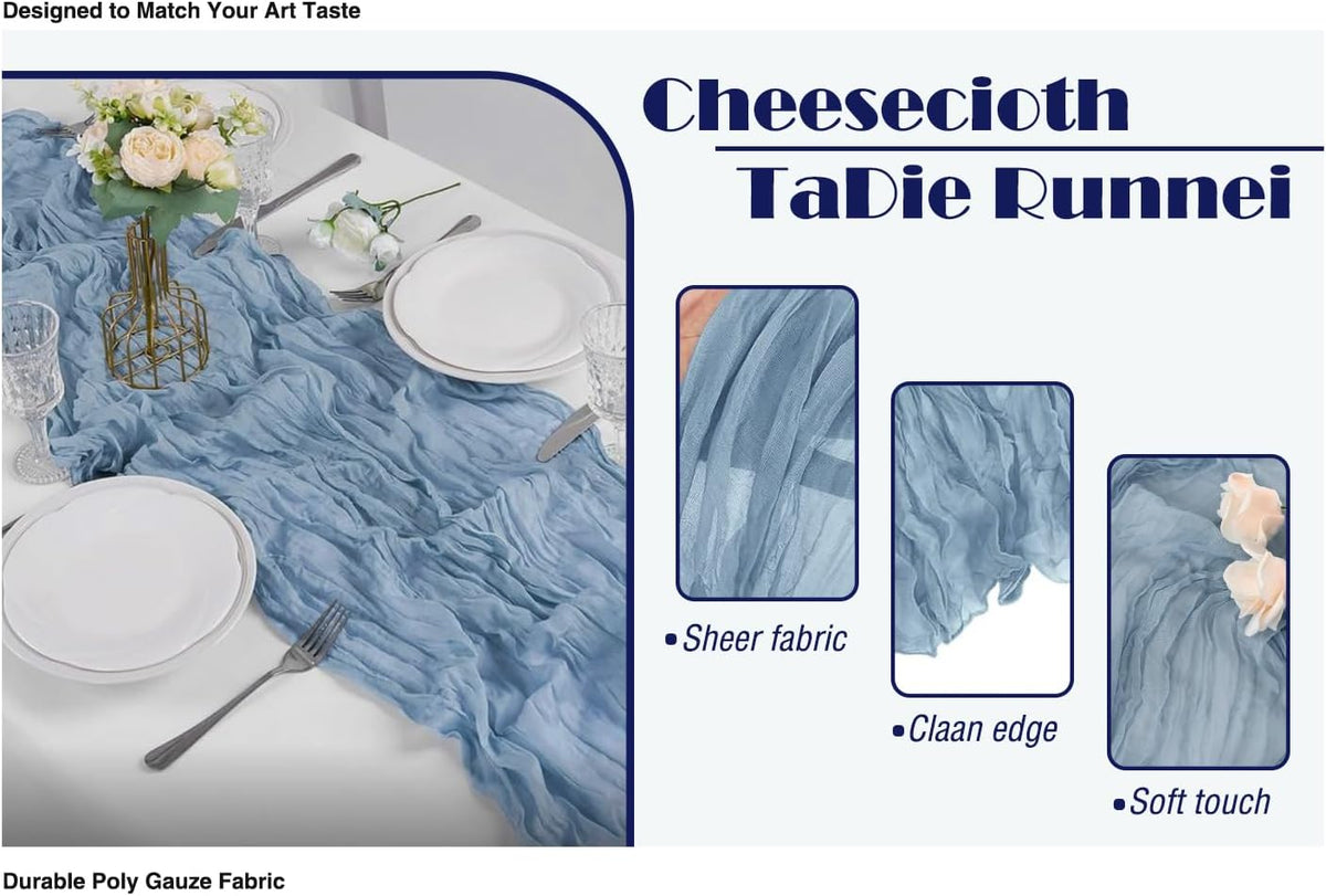 20 Pack Dusty Blue Cheesecloth Table Runner 17x108 Inch Boho Wrinkled Sheer Gauze Cheese Cloth