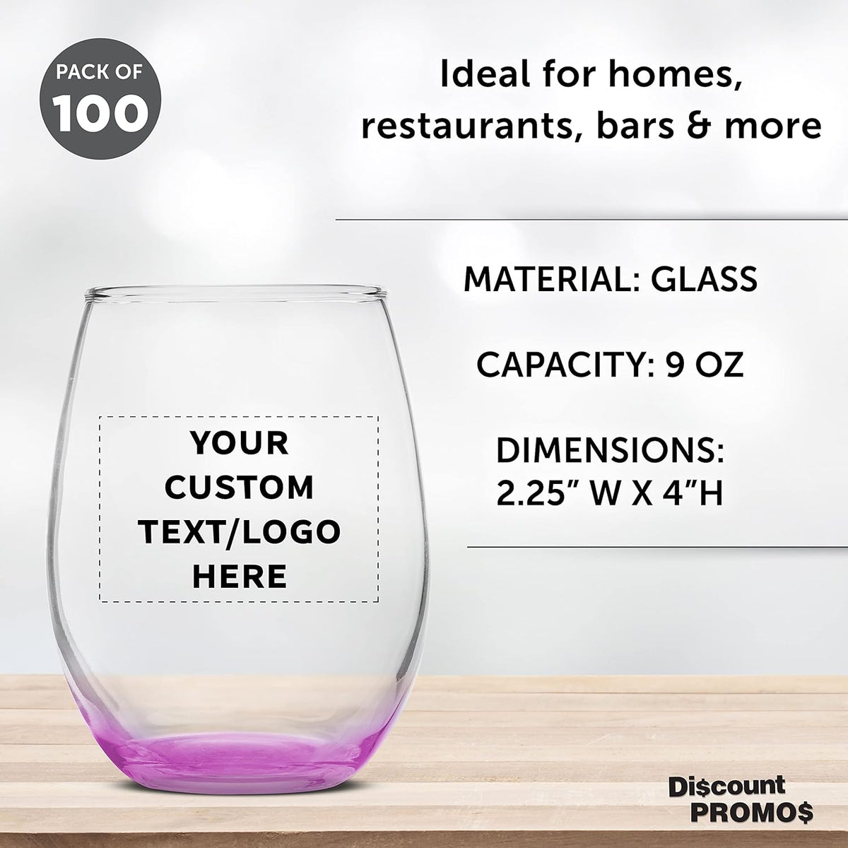 Custom Stemless Wine Glass 9 oz. Set of 100, Personalized Bulk Pack - Great for Wedding Favors