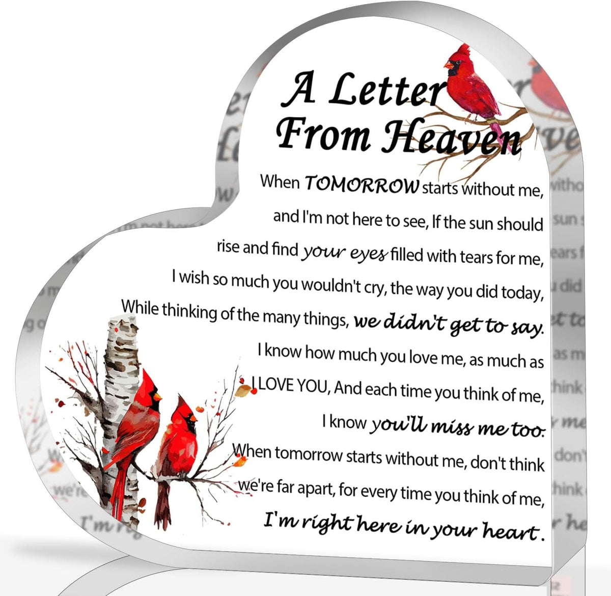 Sympathy Gifts, Red Cardinal Gifts - A Letter from Heaven - Crystal Acrylic Paperweight Remembrance