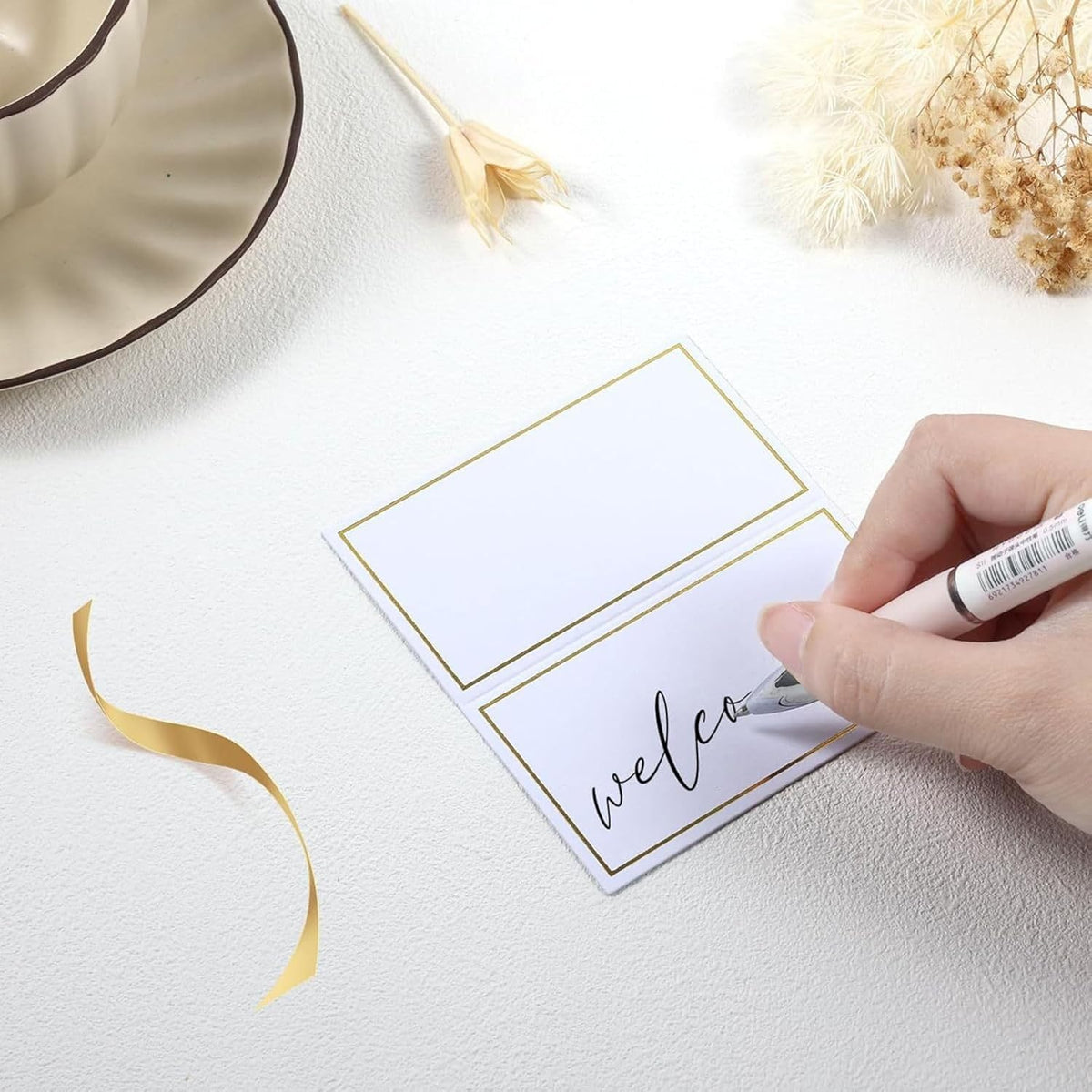 50Pcs Table Place Cards Wedding Name Cards with Gold Foil Border White Blank Small Tent Card for