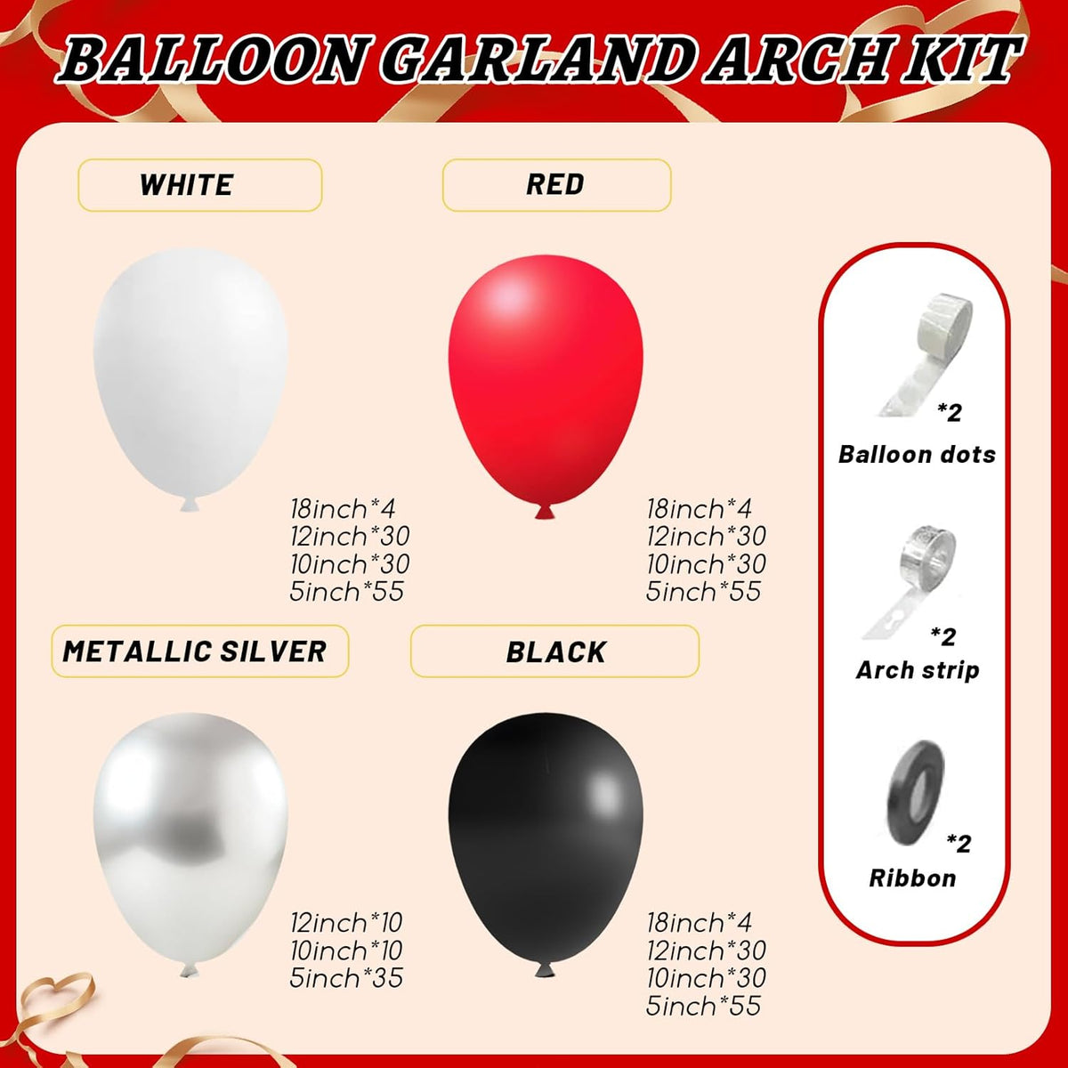412Pcs Red Black and White Balloon Garland Arch Kit,18 12 10 5 Inch Different Size Red Black White