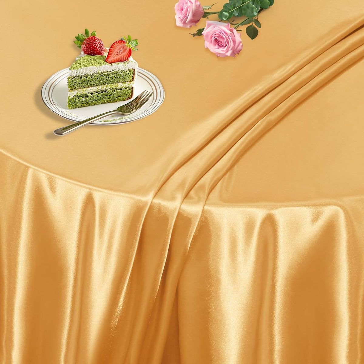 KKJIAF 1 Pack 60 Inch / 5ft Round Table Cloth, Gold Overlay Round Satin Table Cover, Silky Satin