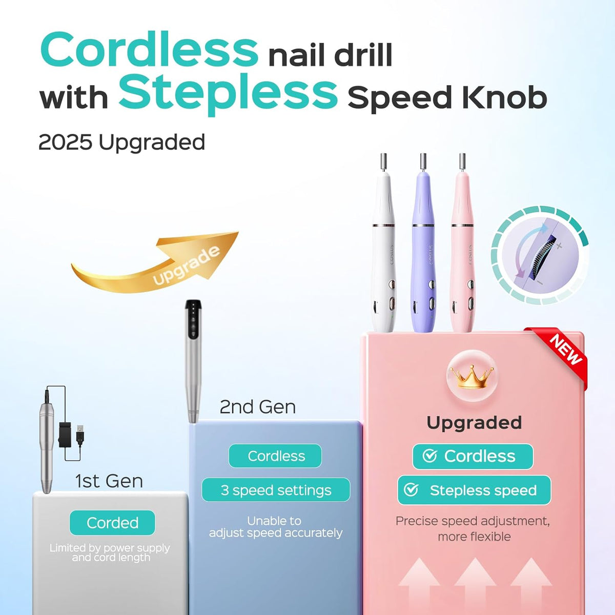 COSLUS Cordless Electric Nail Drill File: Nail Drill Machine with Stepless Speed Knob for Acrylic