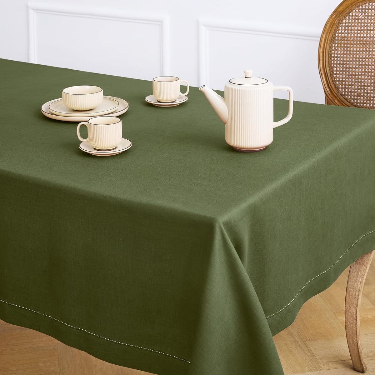 Solino Home Olive Linen Tablecloth 60 x 120 Inch - 100% Pure Linen Hemstitch Table Cloth for