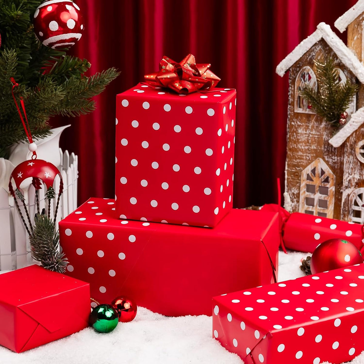 Flyhill Red Wrapping Paper,Reversible Gift Wrap Paper with Polka Dot Design for