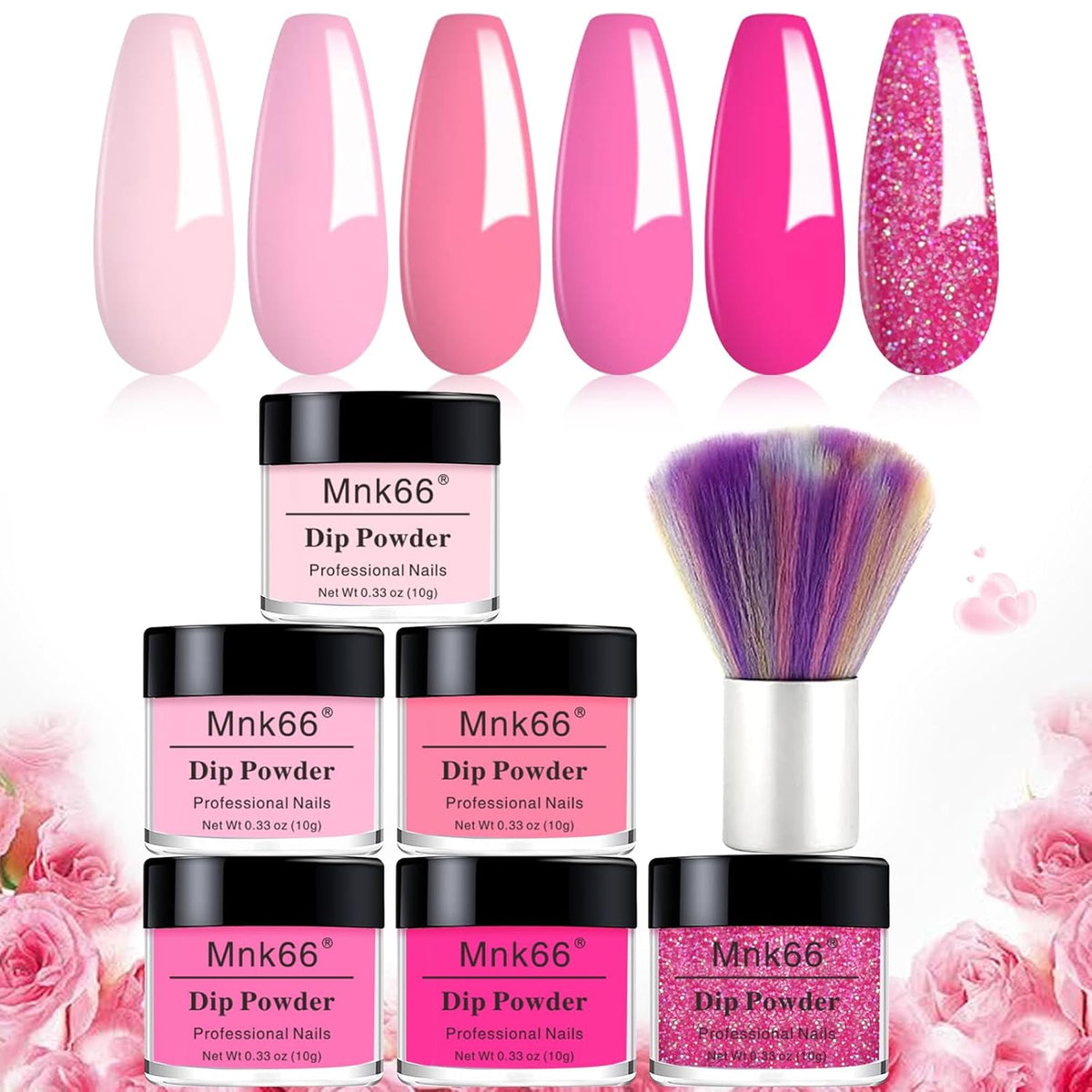 6 Colors Dip Powder Set, Pink Glitter Christmas Dipping Powder Color Set, Glossy Nail Art Manicure