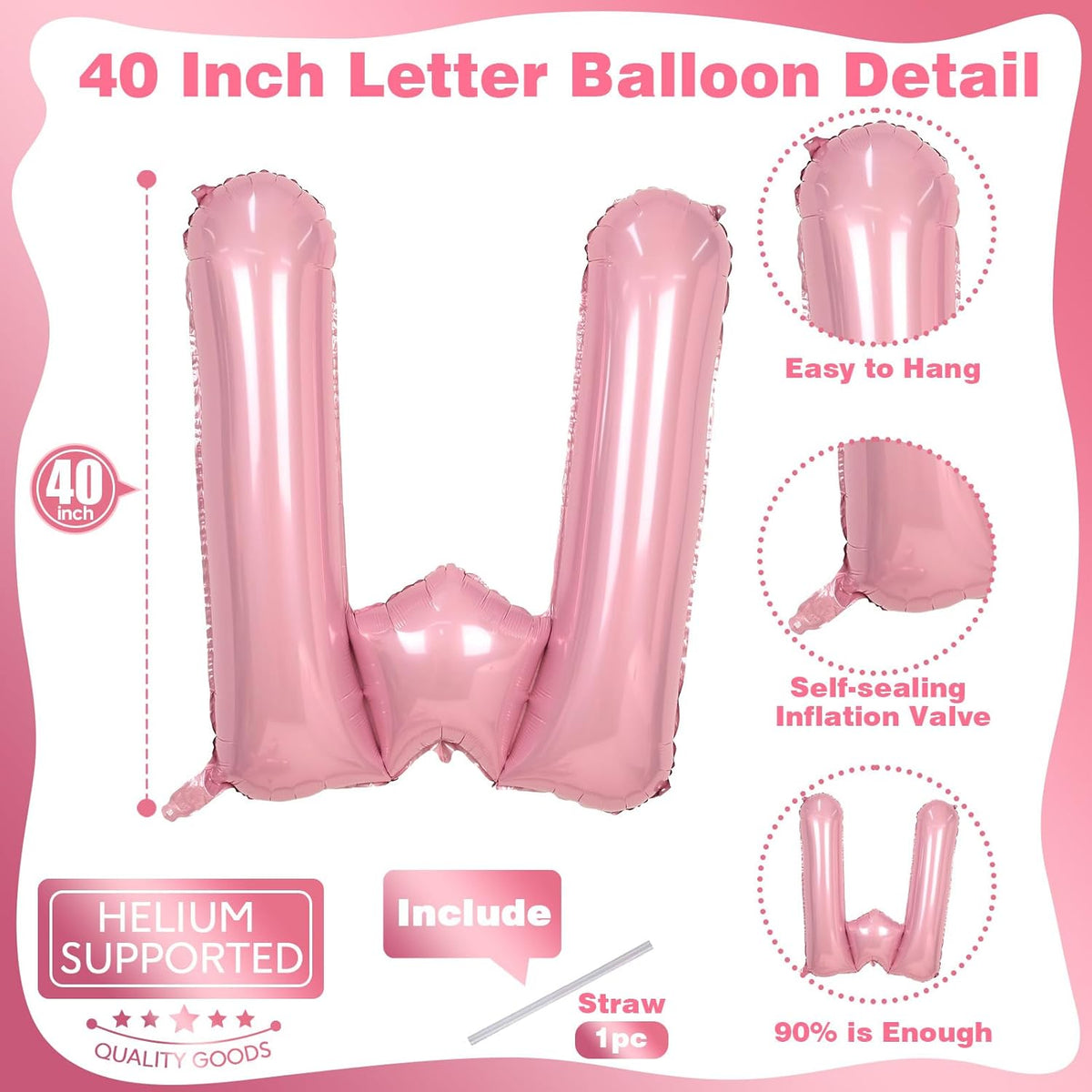 Pastel Pink W Balloon, 40 Inch Giant Baby Pink Mylar Helium Foil Letter W for Girls, Self Inflating