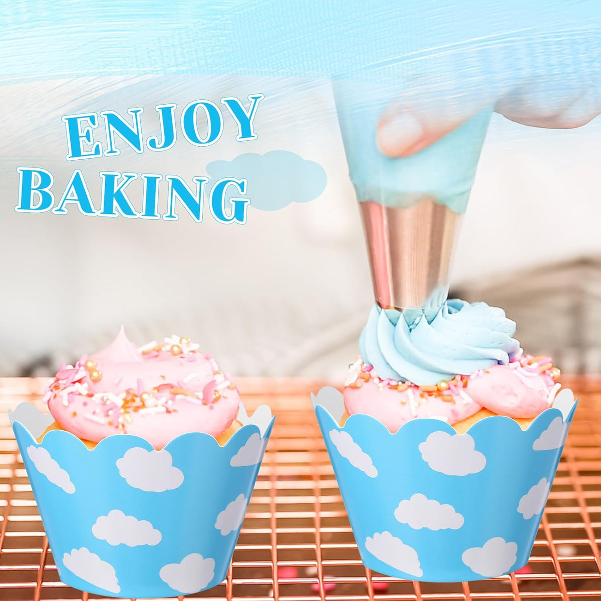 Domensi 100 Pcs Sky Clouds Blue Party Cupcake Wrappers Cloud Cupcake Liners Baking Cups Baking