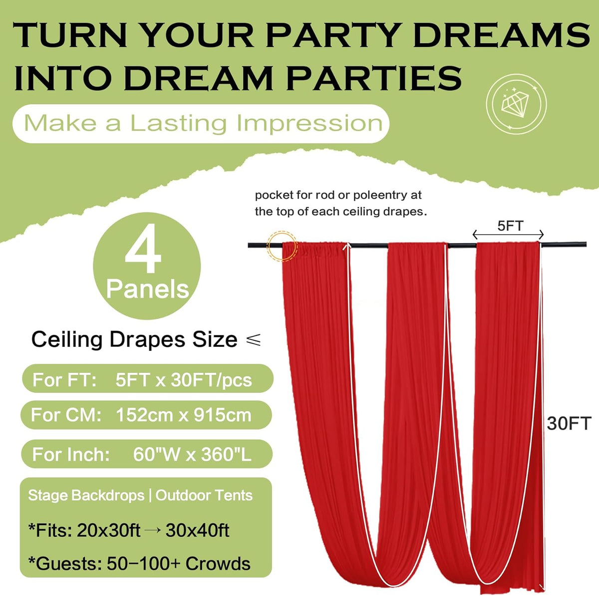PartyVillage 4 Panels 5ftx30ft Red Ceiling Drapes for Wedding Parties – 30 FT Extra Long Thick