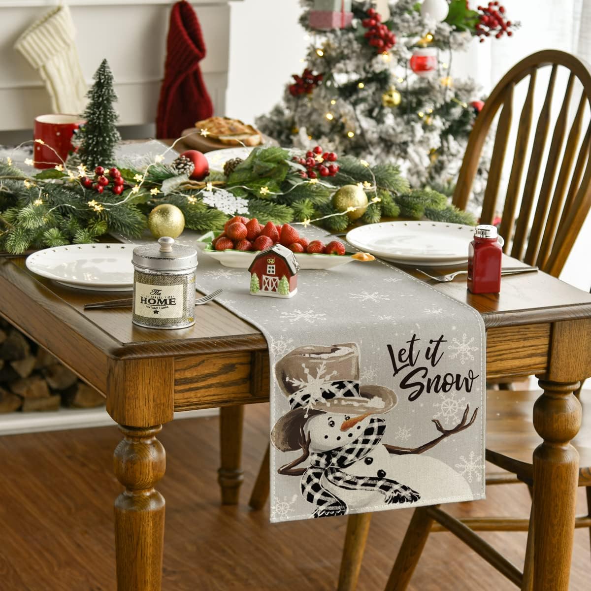 Artoid Mode Grey Snowman Snowflake Let it Snow Christmas Table Runner, Seasonal Winter Kitchen