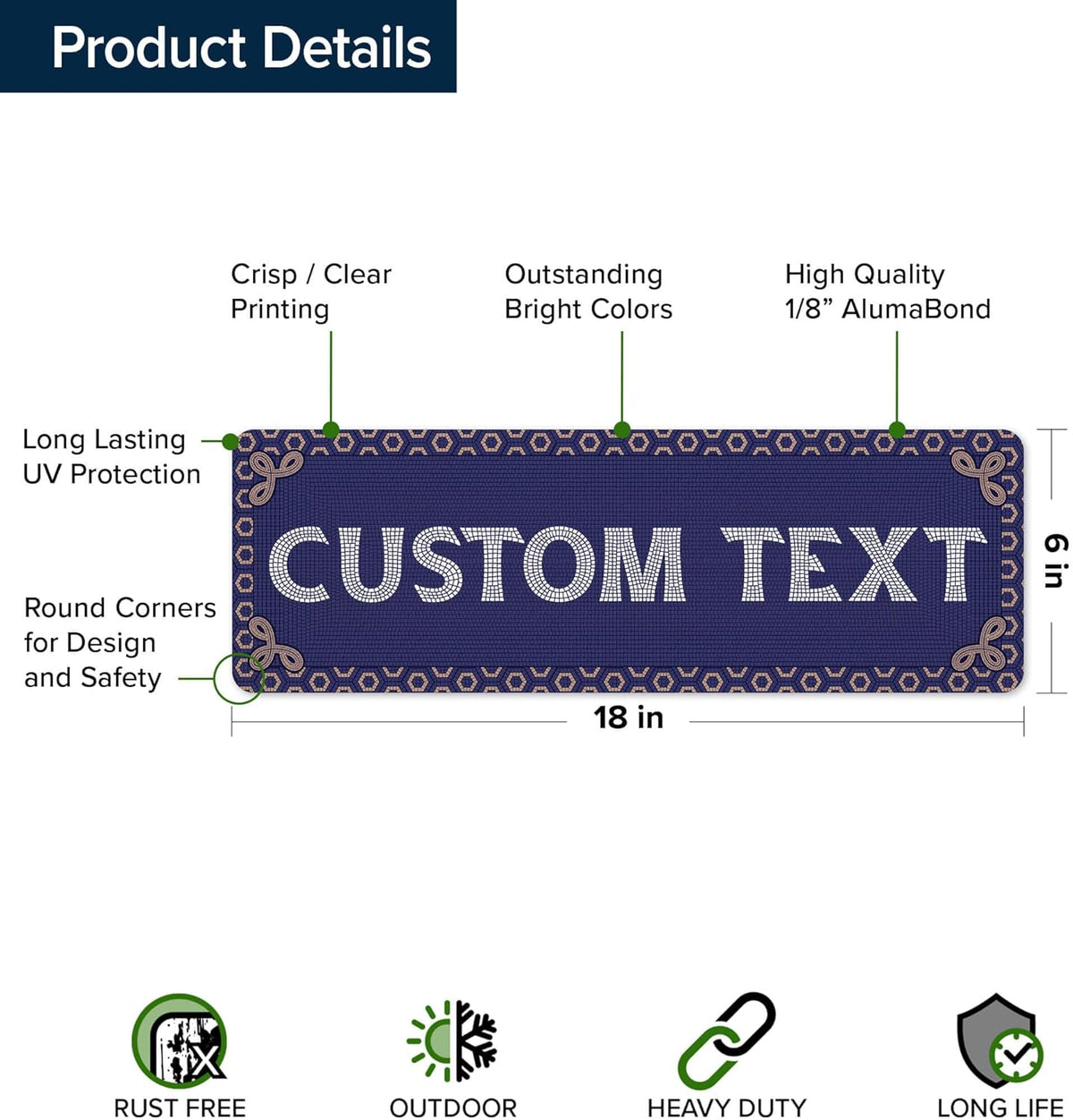 Custom Sign, Custom Street Sign, 11 Font Colors, 13 Font Styles, 4 Hole Options, 22 Sizes, 6x18
