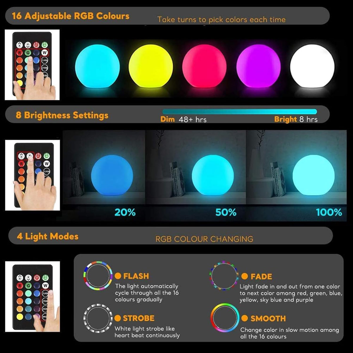 Globe Floor Lamp, 14-inch LED Ball Light with Remote,16 RGB Color Dimmable Rechargeable Nursery