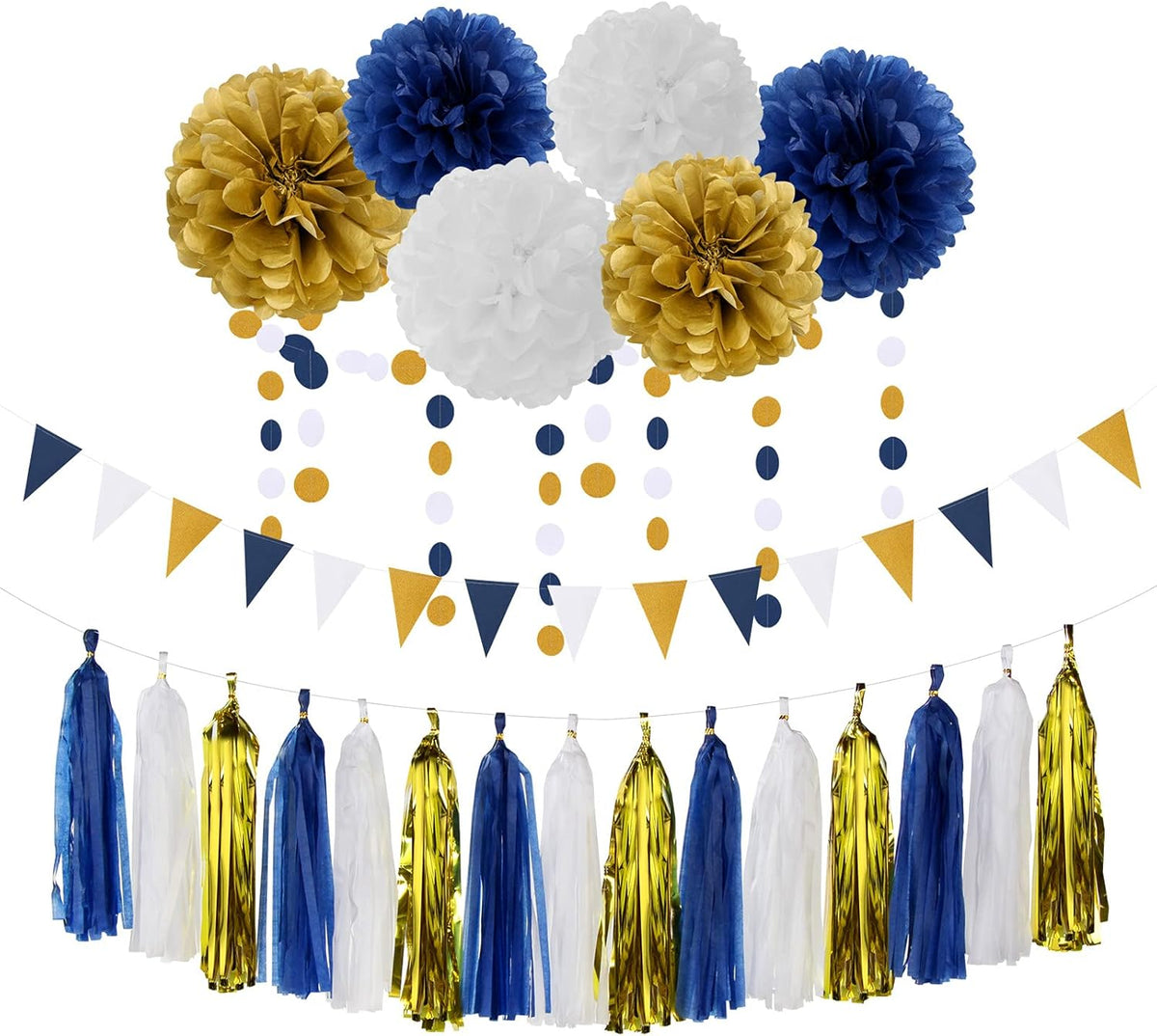Navy Blue White Gold Party Decoration 23pcs Kits-Paper Flowers,Banner Flags,Circle Banner,Tassel