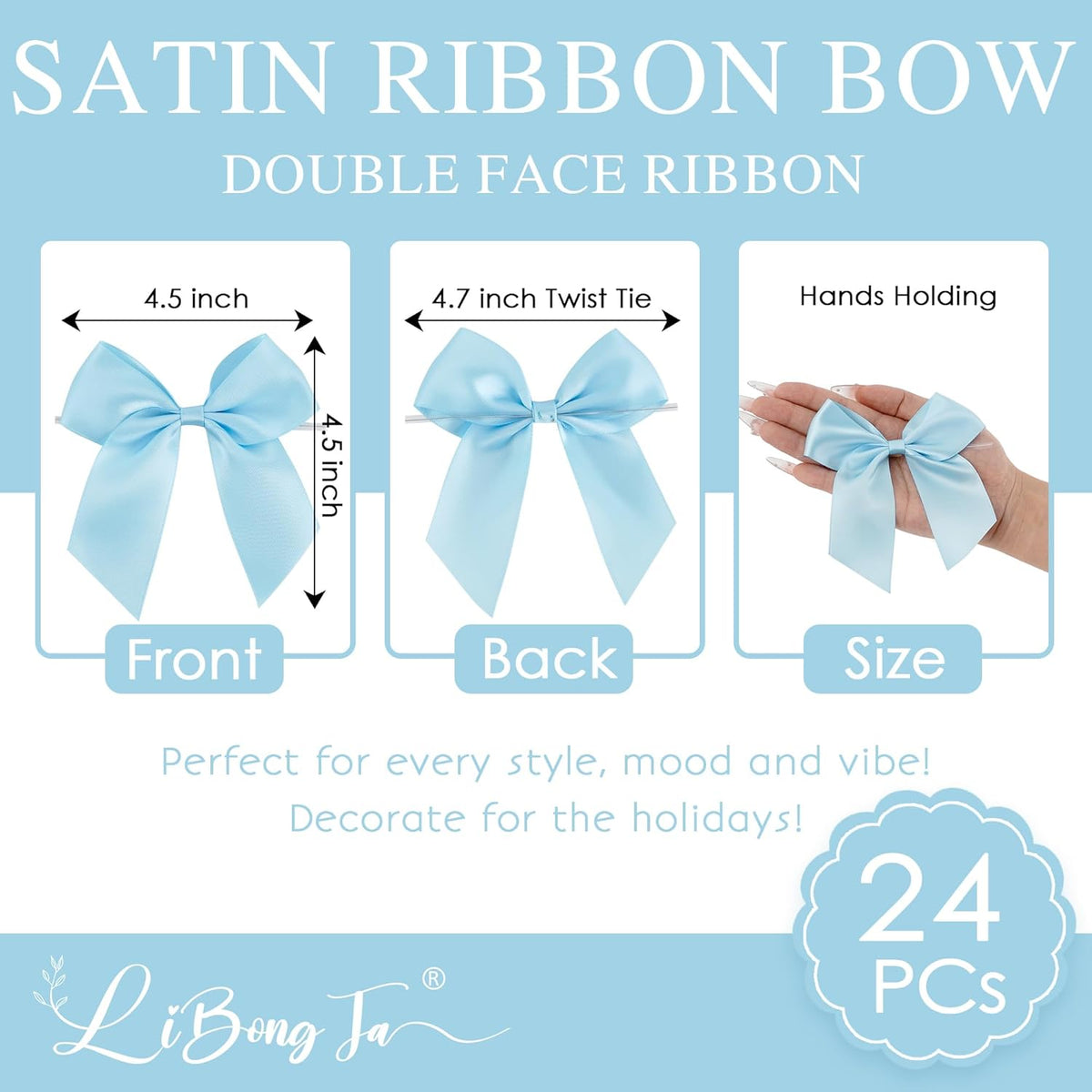 4.5" Satin Ribbon Blue Bows for Gift Wrapping, Twist Tie Bows, Cute Bows for Crafts, Party Favors