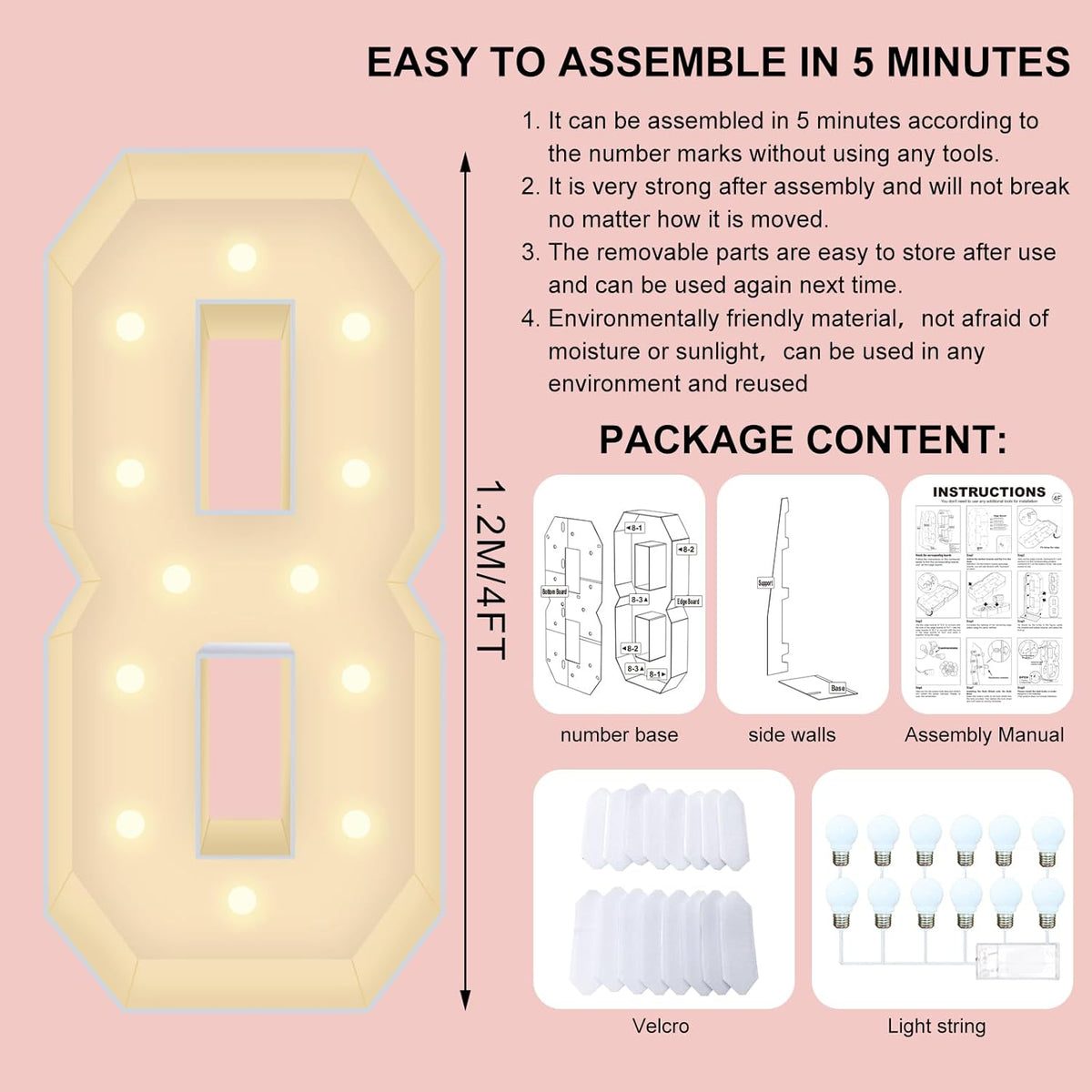 4FT Plastic Marquee Numbers 8 - Light up Numbers Are Made from Corrugated Plastic Board - Quick