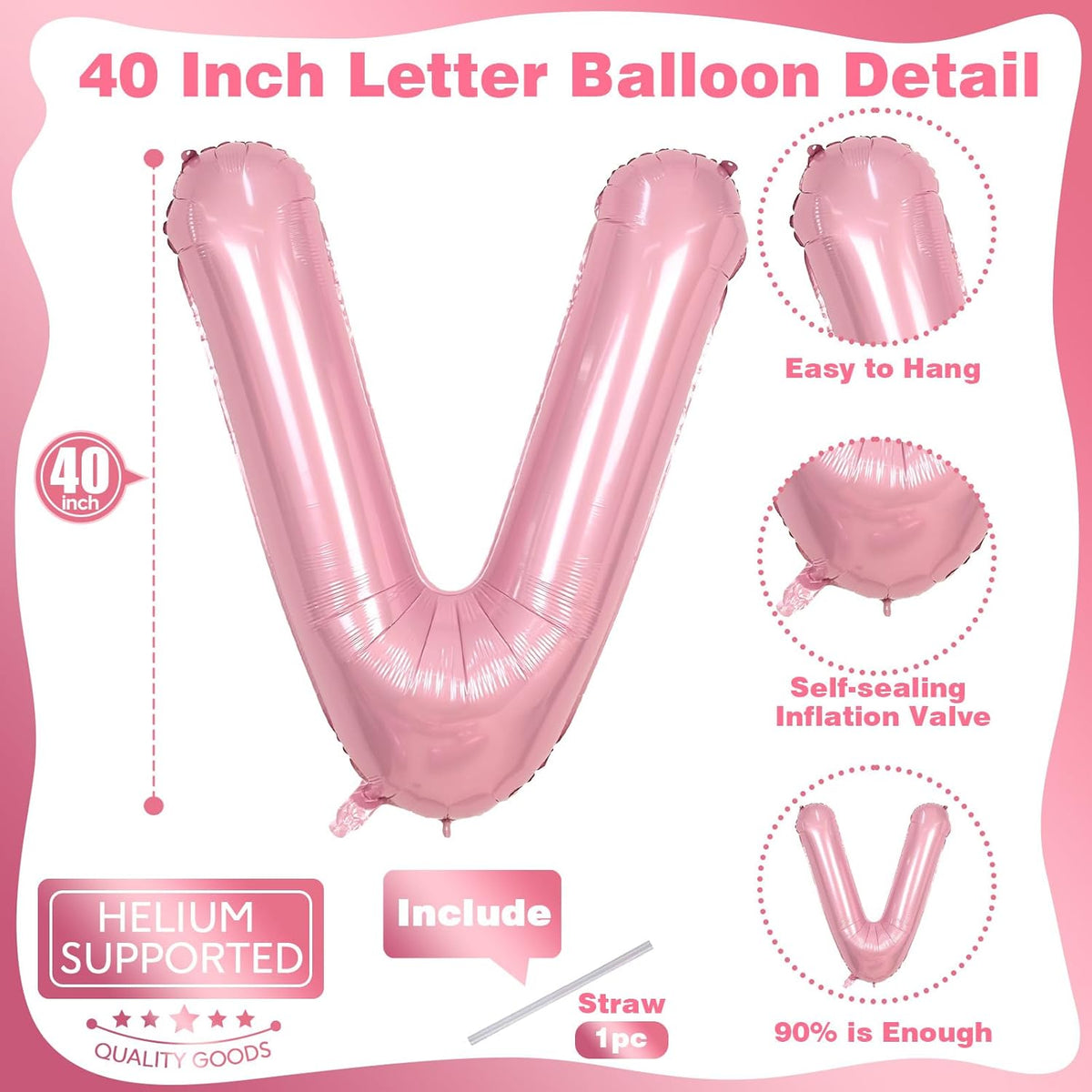 40 Inch Pastel Pink Letter Balloon, Giant Custom Alphabet V Foil Balloon Baby Pink, Mylar Self