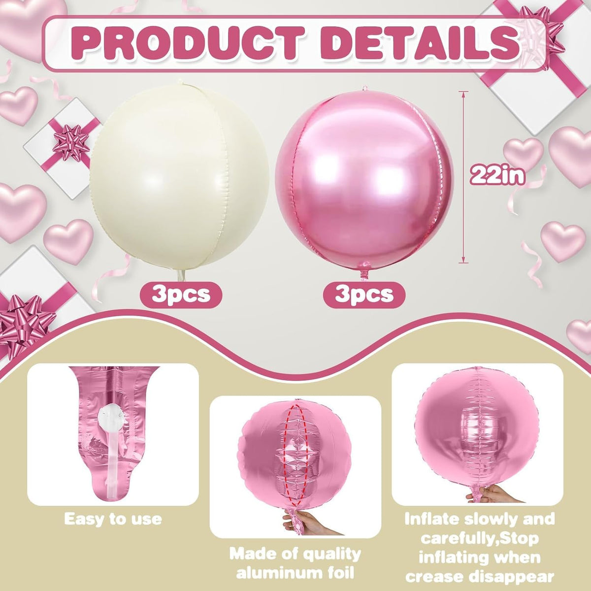 6Pcs Pink Cream White Round Foil Balloons,Giant 4D Round Ball Balloon,22 Inch Metallic Pink Cream