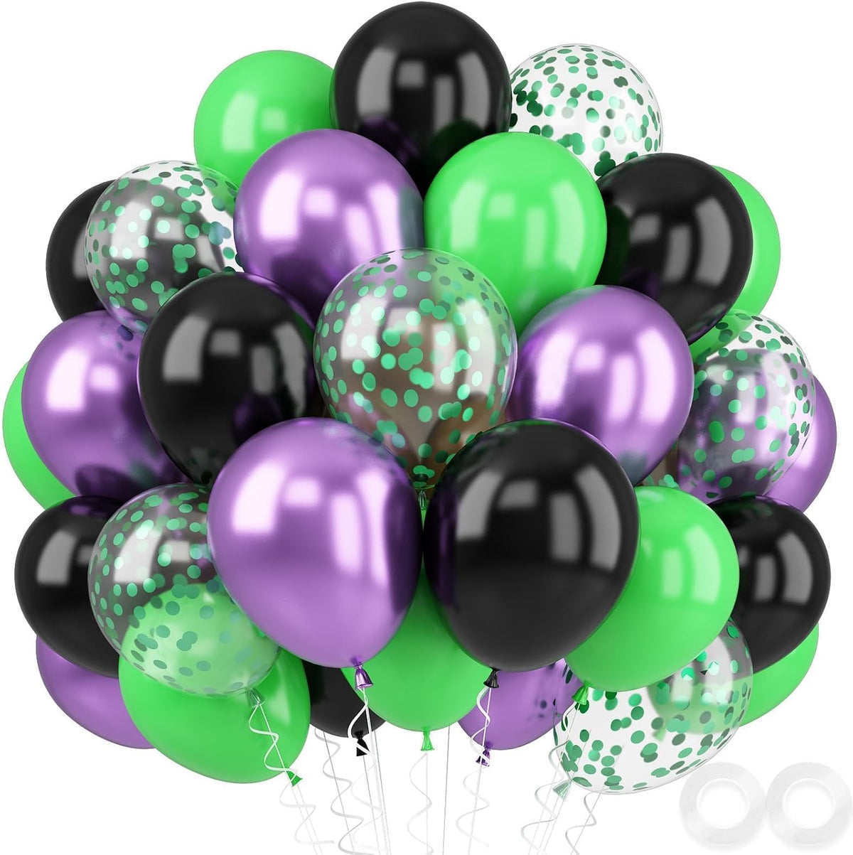Purple and Green Balloons, 52 PCS 12 Inch Metallic Chrome Purple Light Green Black Latex Balloons