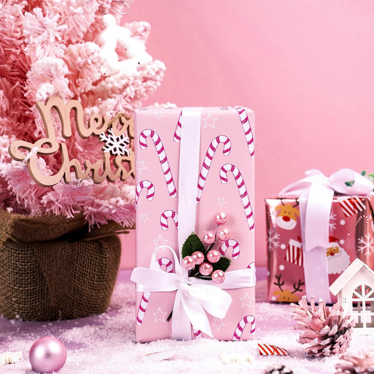 LeZakaa Christmas Pink Wrapping Paper Mini Roll, Santa Claus & Candy Cane, Metallic Foil, Rose Gold