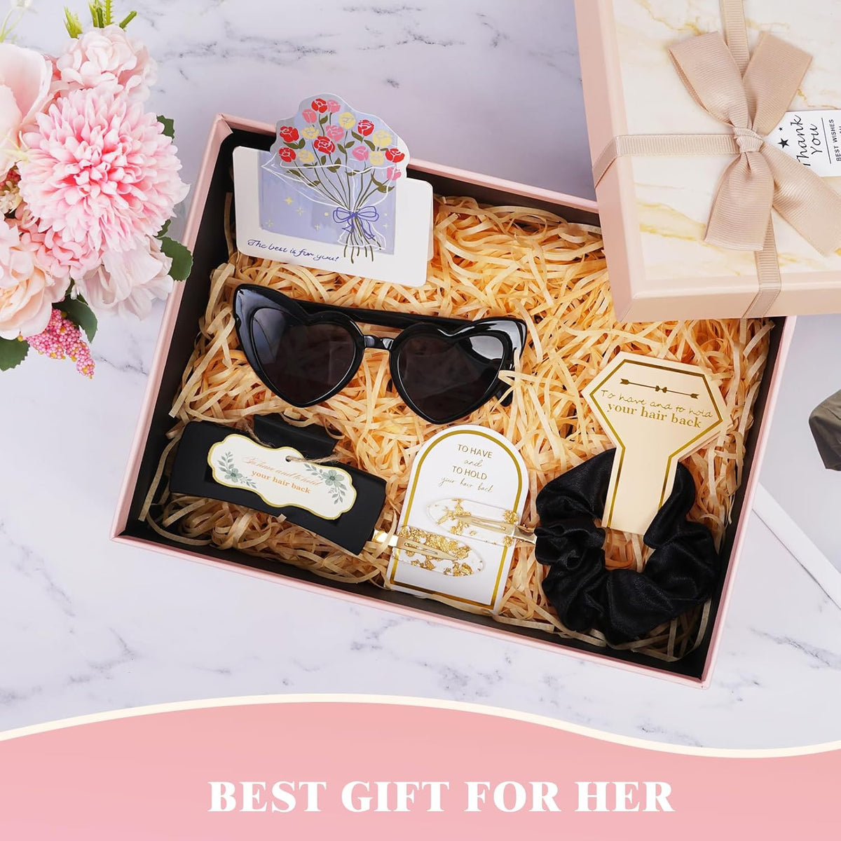 Black Bridesmaid Gift Box for Proposal, 8PCS Hair Claw, Scrunchies, Makeup Clips & Heart Sunglasses