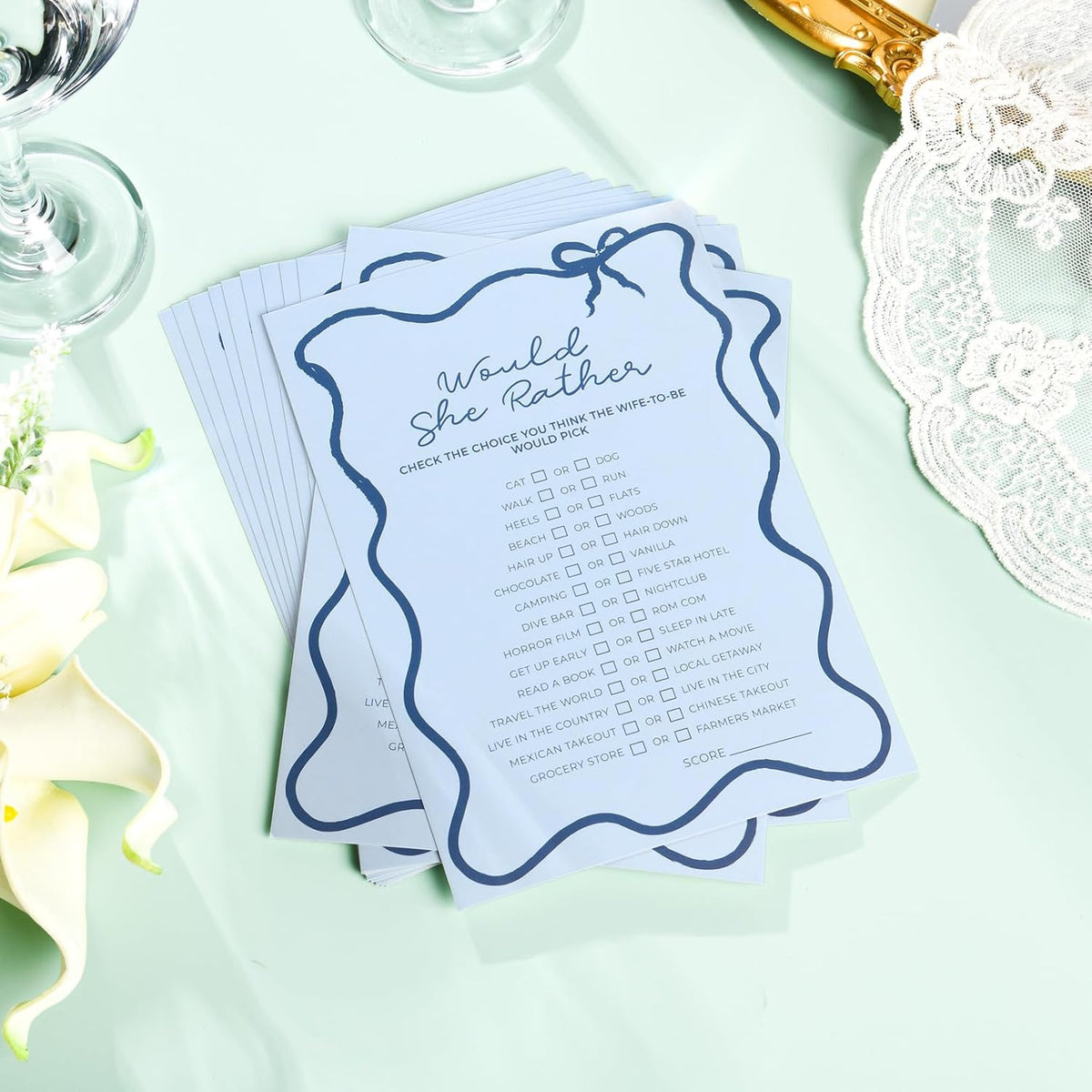 DEEKA 30 PCS Bridal Shower Games Card for 30 Guests Blue Wavy Border Ribbon Bow Funny Wedding