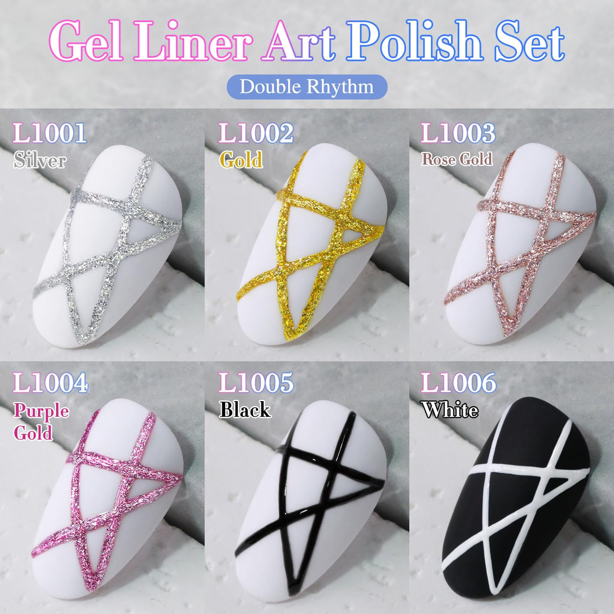 Double Rhythm 6 Pcs 15 ML Gel Liner Polish Nail Art Set Chrome Metallic Glitter Soak Off Gel Polish