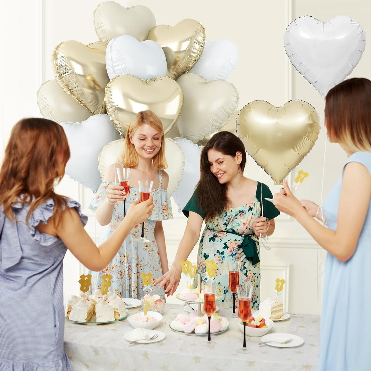 Cream White Heart Balloons,12Pcs Sand White Gold Heart Shaped Foil Balloons,18Inch Beige Helium