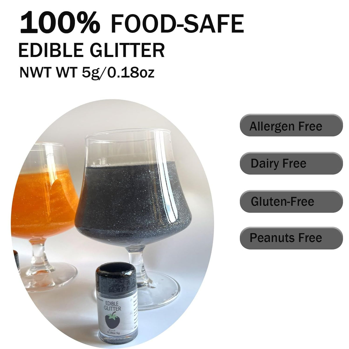 Black Edible Glimmer Powder Glitter - Colaele 5 grams Food-Grade Luster Dust Metallic Fancy Food