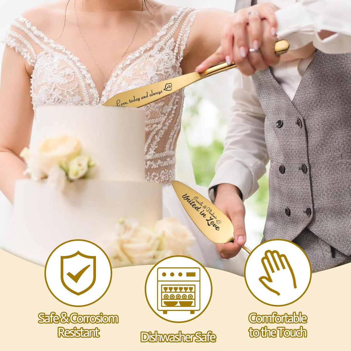 Personalized 4 Piece Wedding Cake Cutting Set, Custom Names Cake Knife and Server set with Forks