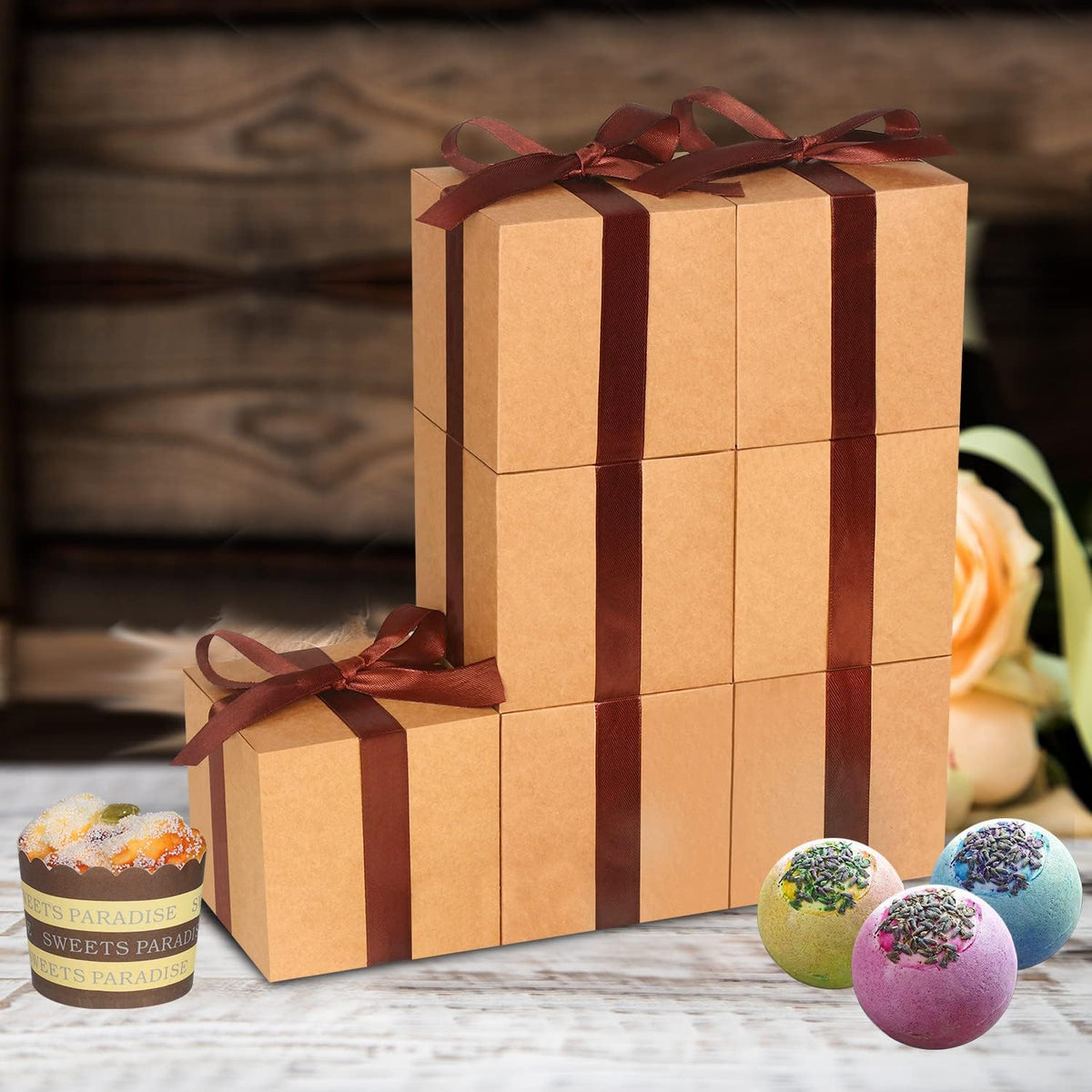 50 Pack Small Gift Boxes, 3x3x3 Favor Boxes Brown Paper Gift Boxes with Lids for Presents