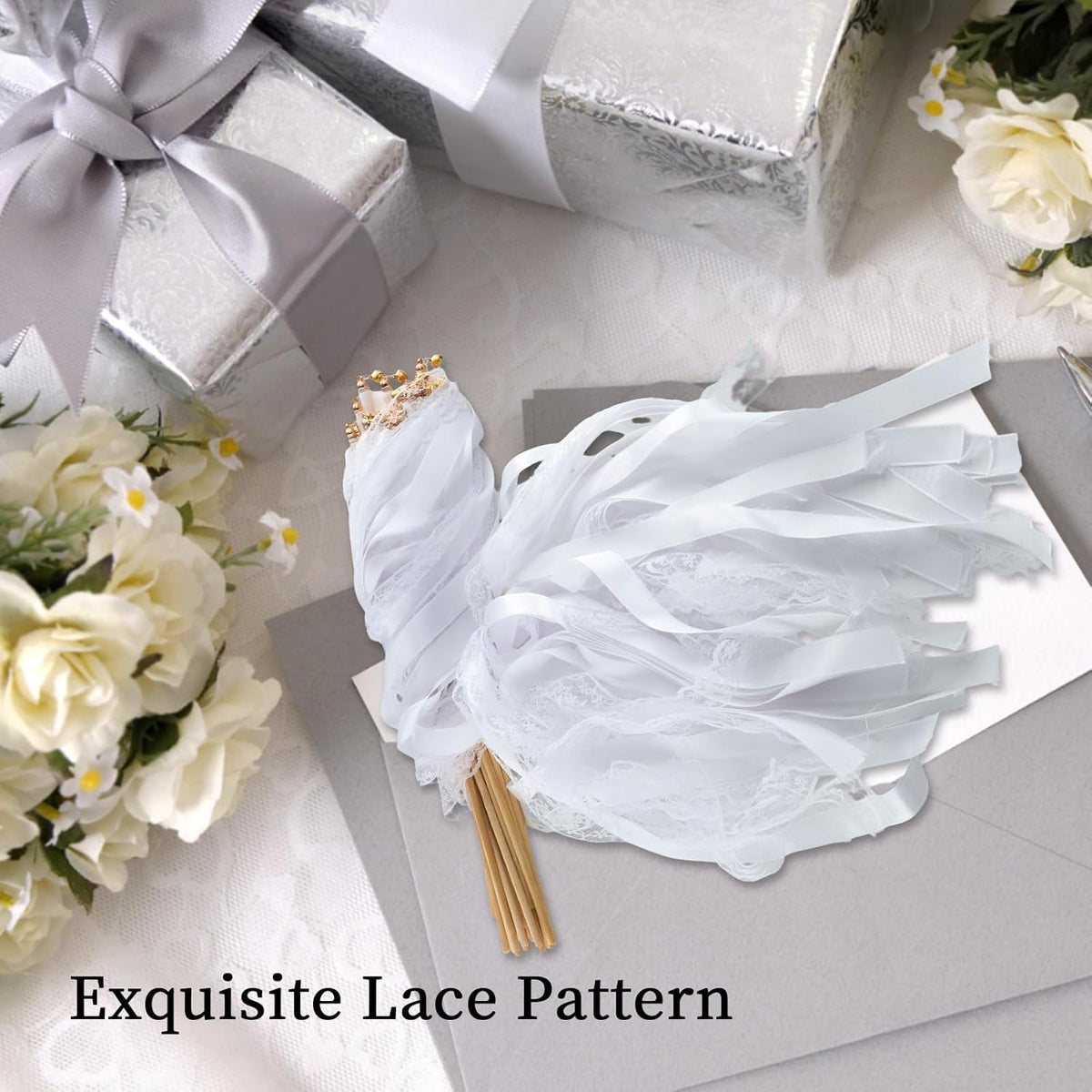 30 Pcs White Wedding Wands, Lace Wedding Streamers, Ribbon Streamers, Wedding Exit Items, Wedding