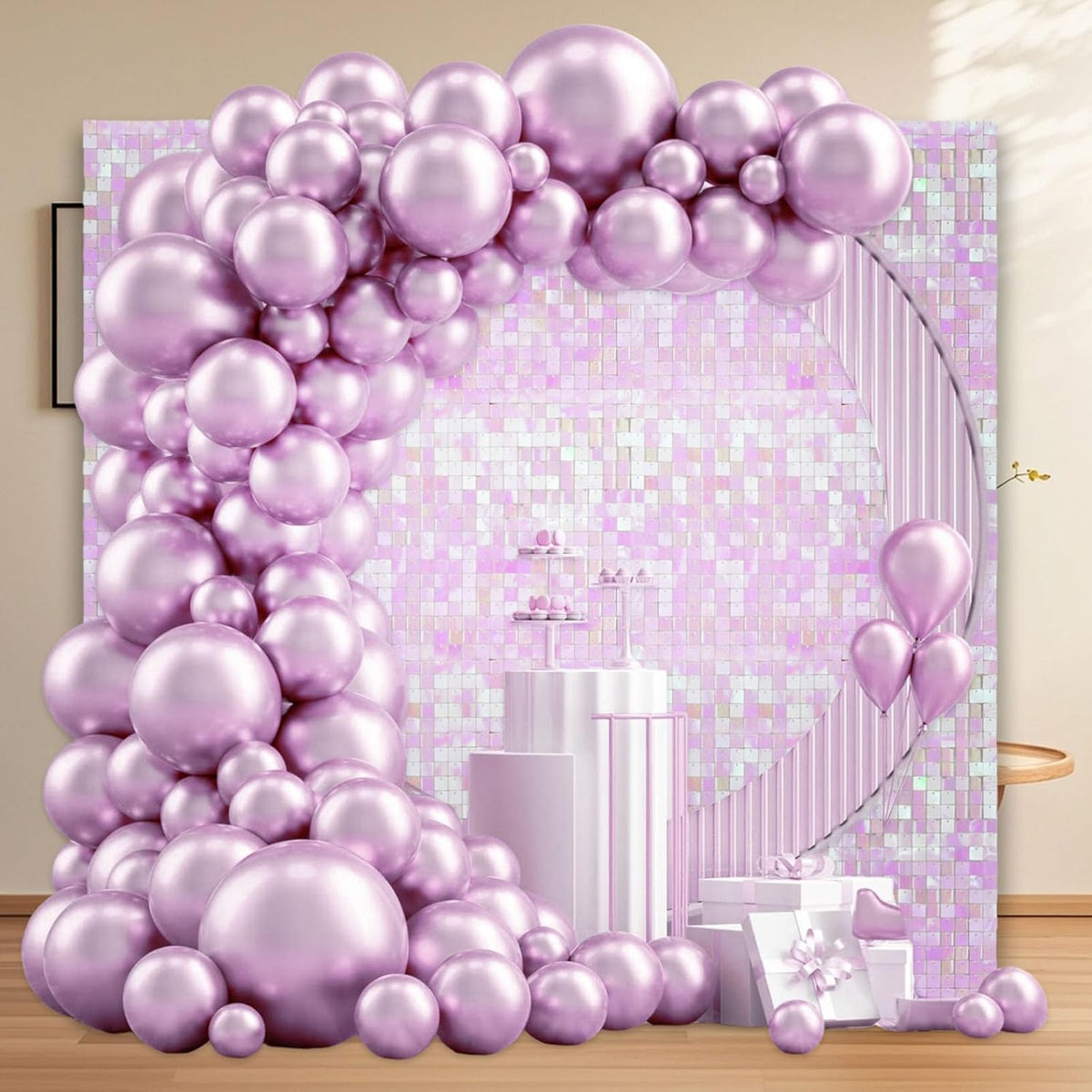 12PCS Colorful Light Pink Shimmer Wall Backdrop, Square Sequin Photo Backdrops Panel, Glitter Wall