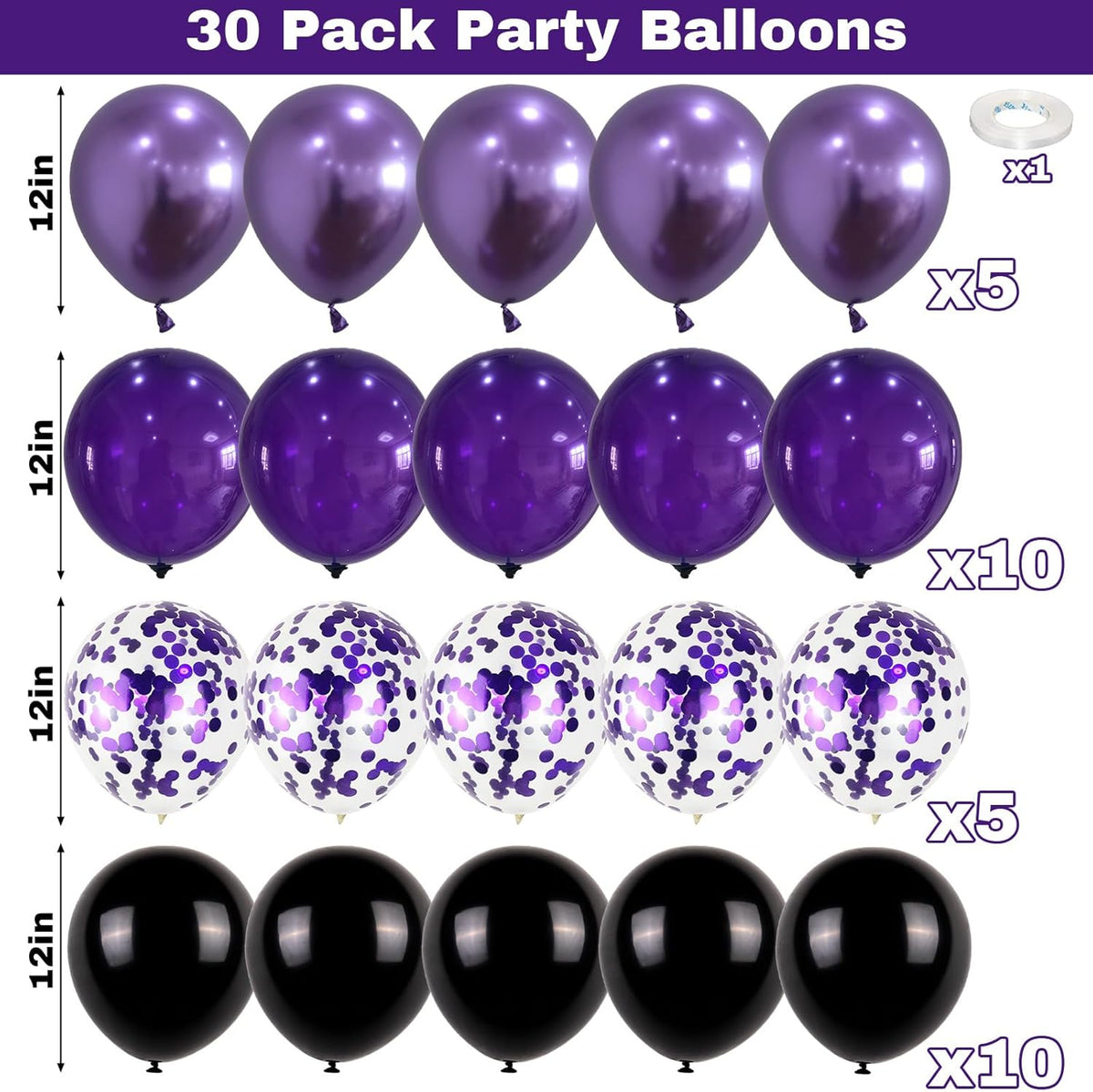 Purple and Black Balloons, 12 Inch Metallic Purple Black Party Balloons Confetti Latex Helium