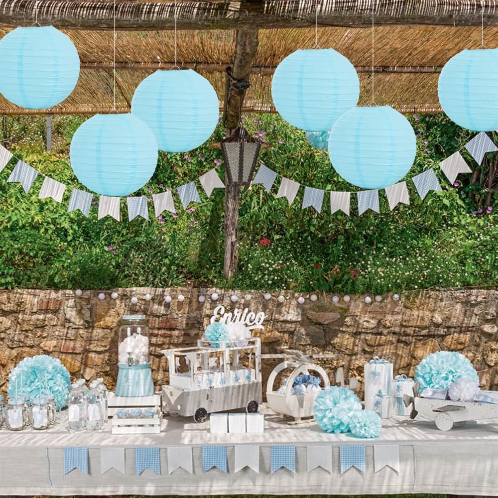 BEISHIDA 12-Inch Light Blue Round Paper Lanterns Decorative Hanging Asia Chinese Japanese Paper
