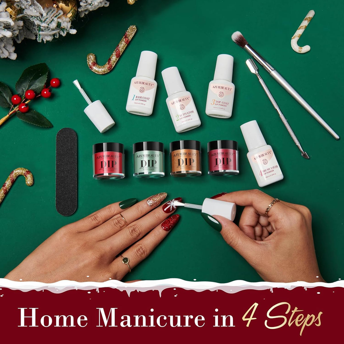 AZUREBEAUTY 31 PCS Dip Powder Nail Starter Kit Christmas, Red Green Gold Grey Acrylic Dipping