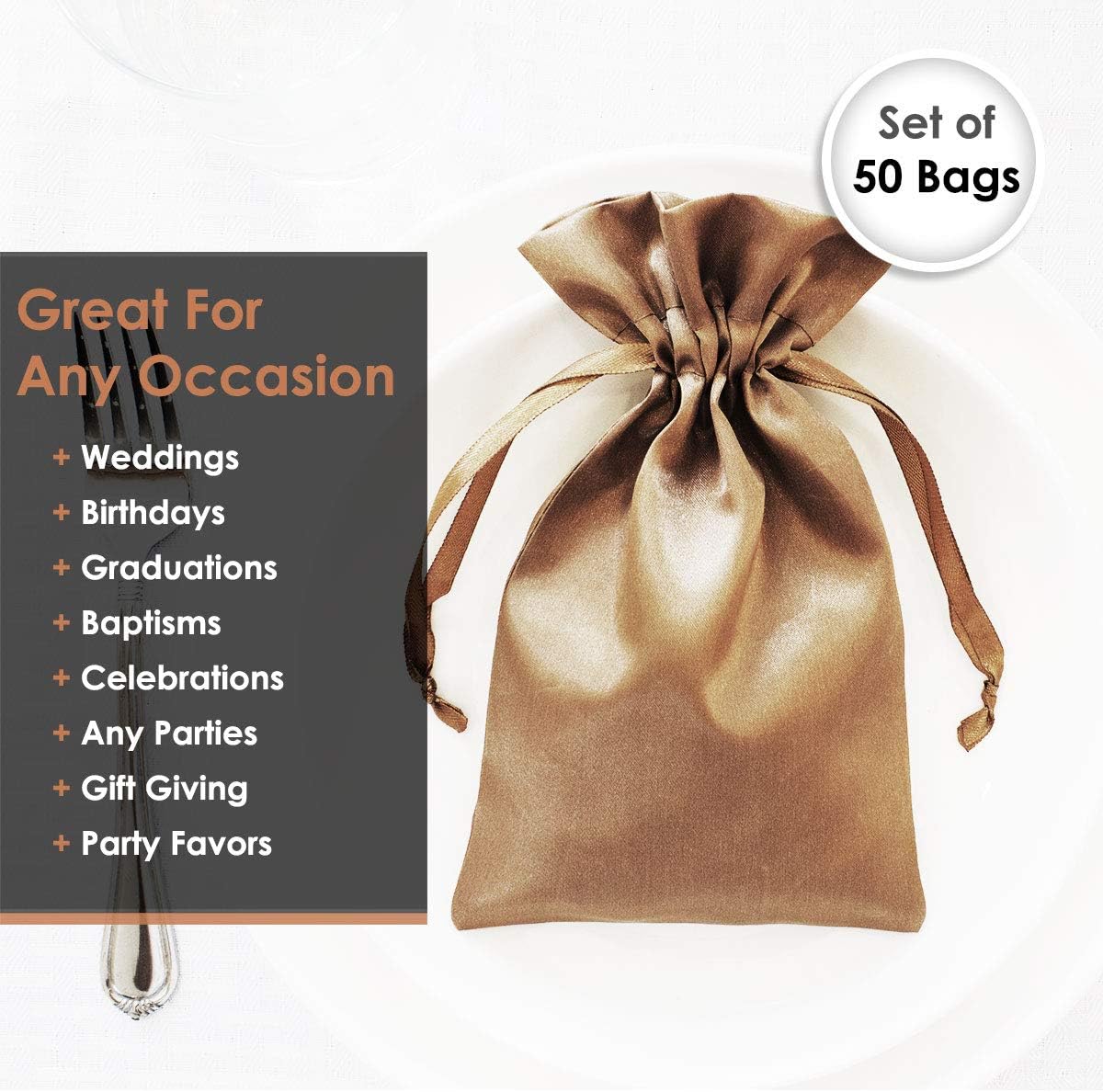 Old Gold Satin Gift Bags, Wedding & Baby Shower Favor Bags, 50 Pack of 5" x 8" Bags