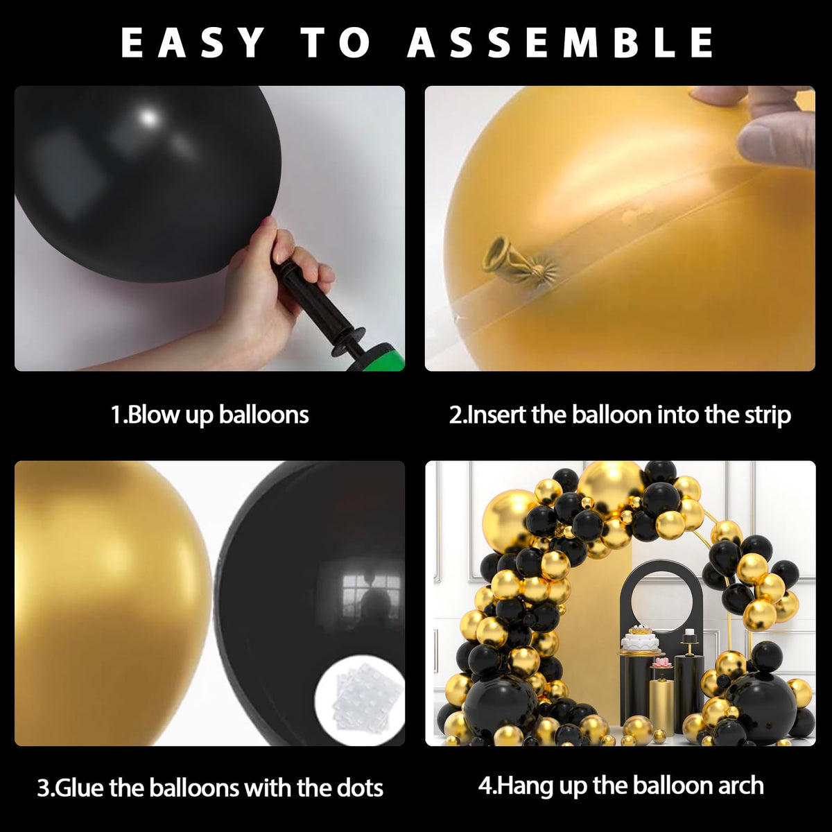 Black and Gold Balloons Garland Arch Kit, 134pcs Black and Metallic Gold Balloons with Different