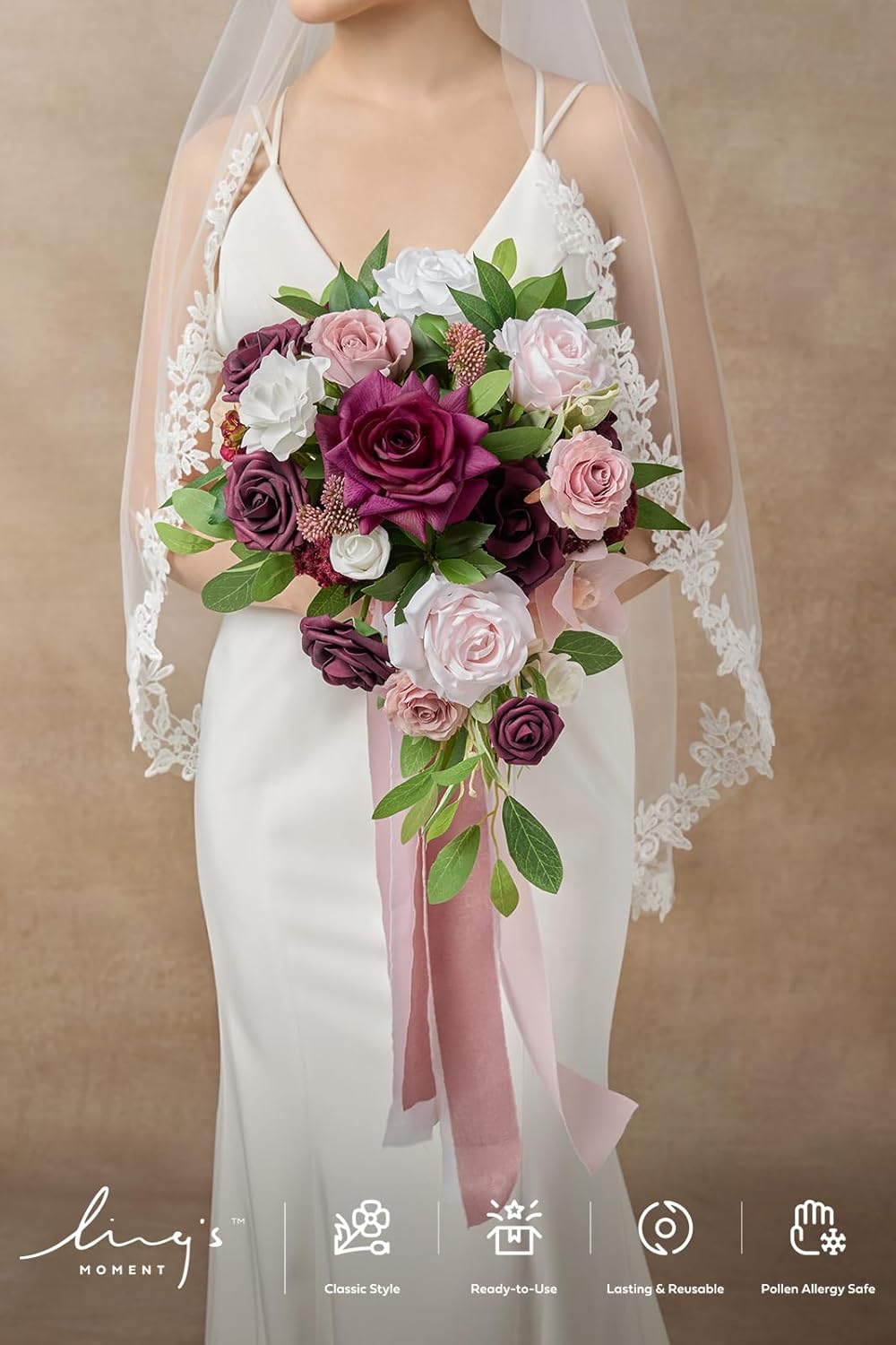 Ling's moment Burgundy Cascading Bridal Bouquet, Marsala Wedding Bouquets for Bride, 13 Inch Birde