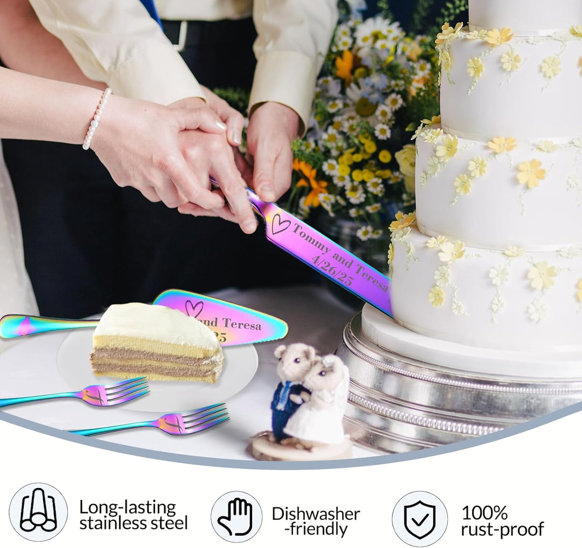 Personalized Wedding Cake Knife and Server Set, Custom Names Cake Cutting Set with Stainless Steel