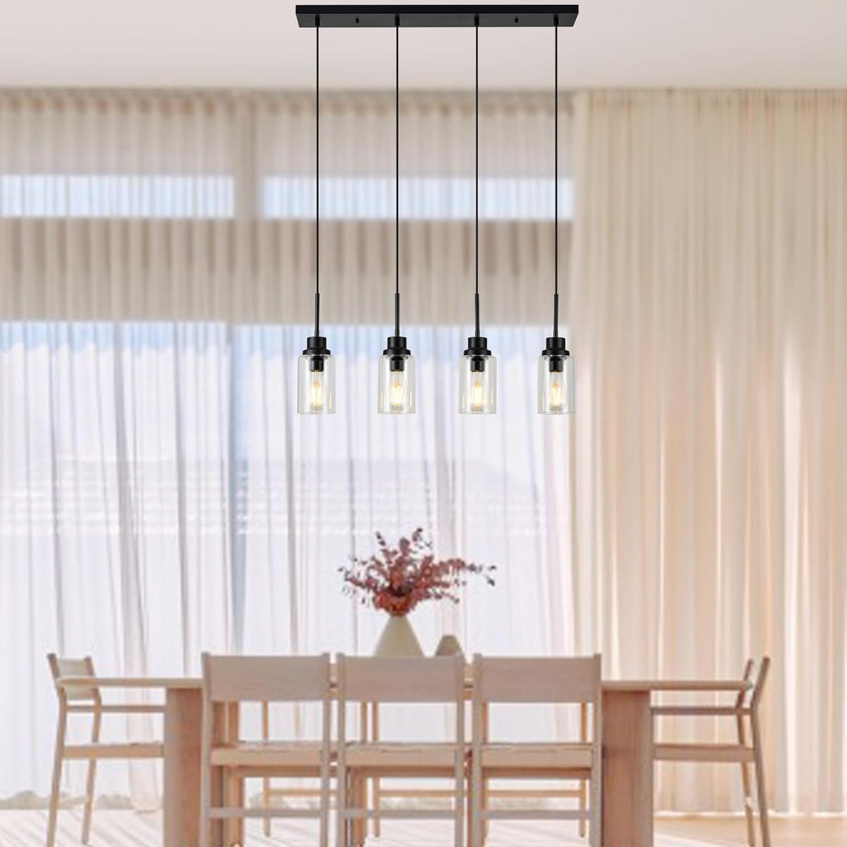 4-Lights Pendant Lighting for Kitchen Island in Black, Ceiling Light Fixtures with Adjustable