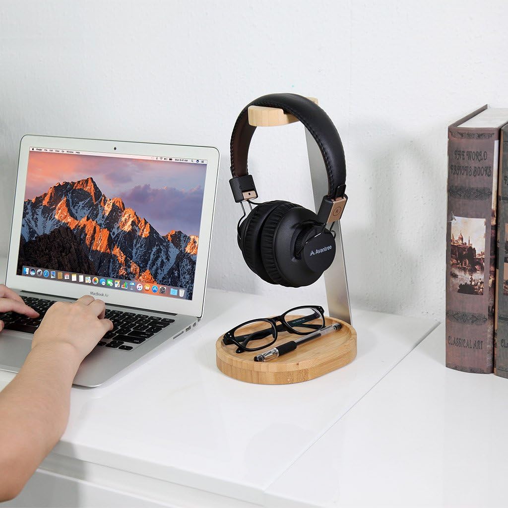 Avantree TR902 - Universal Wooden & Aluminum Headphone Stand Hanger with Cable Holder, Sturdy Desk